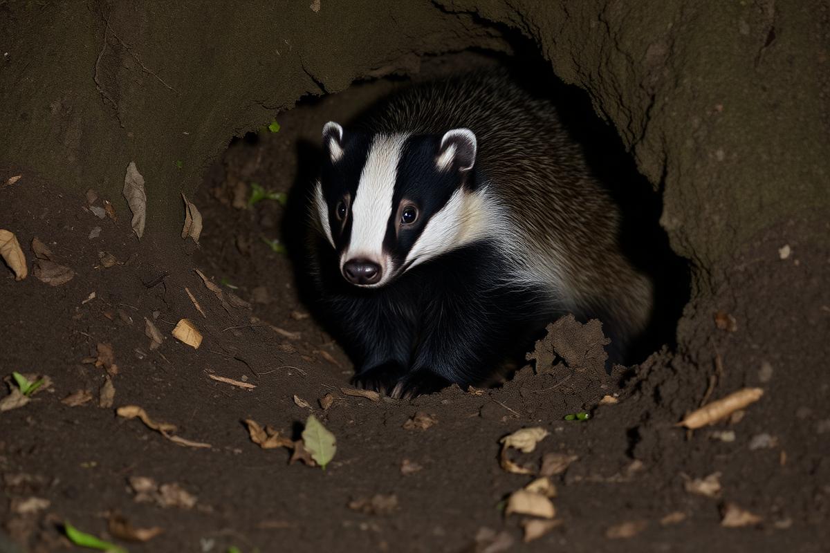 A badger at the entrance of a sett dug into a woodland bank