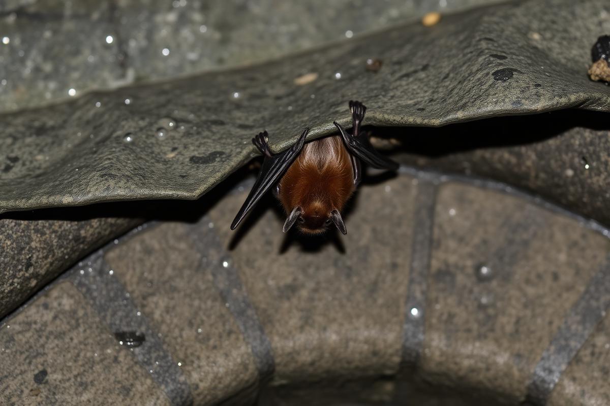 A bat roosting on the roof of a disused mine adit