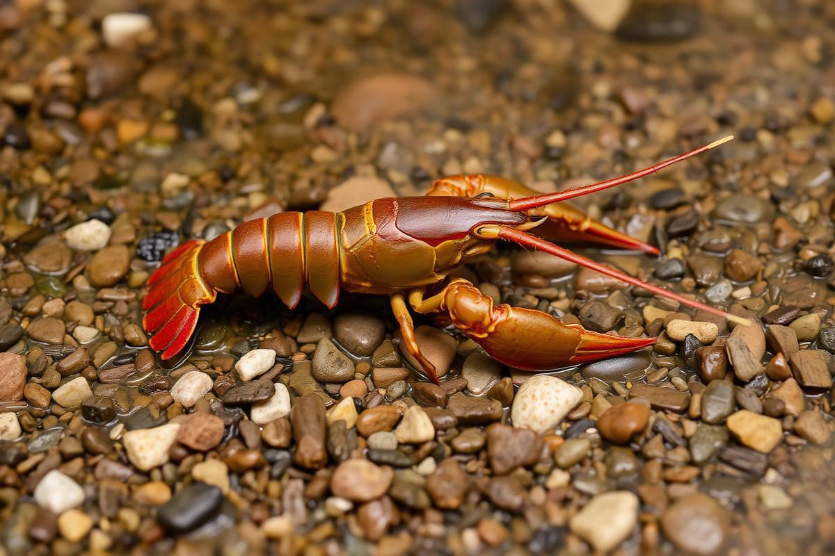 An American signal crayfish on the gravel bed of a shallow stream
