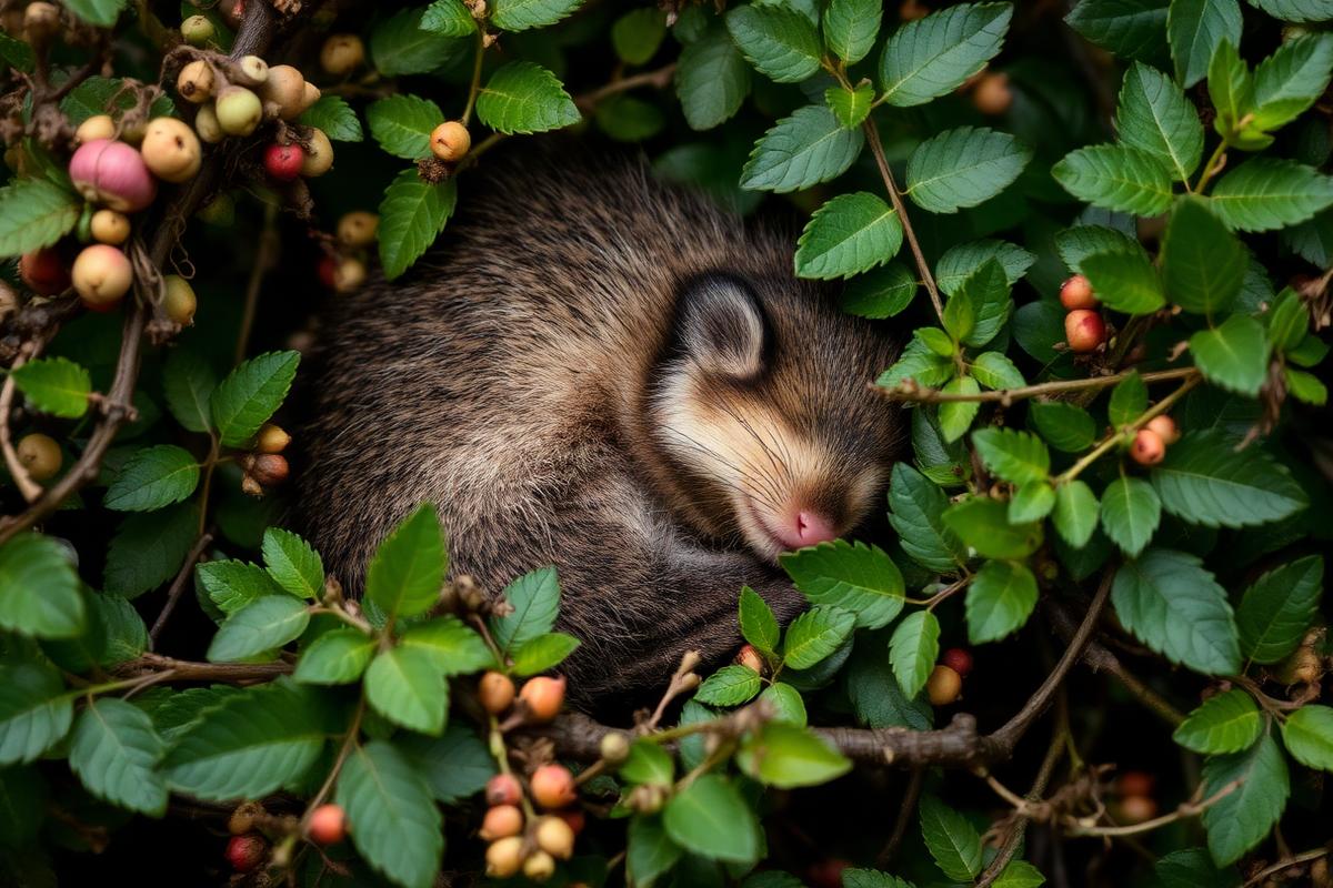 A hazel dormouse curled asleep among hedgerow leaves and berries