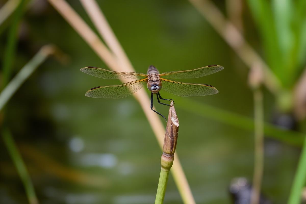 A dragonfly on a stream-side rush stem