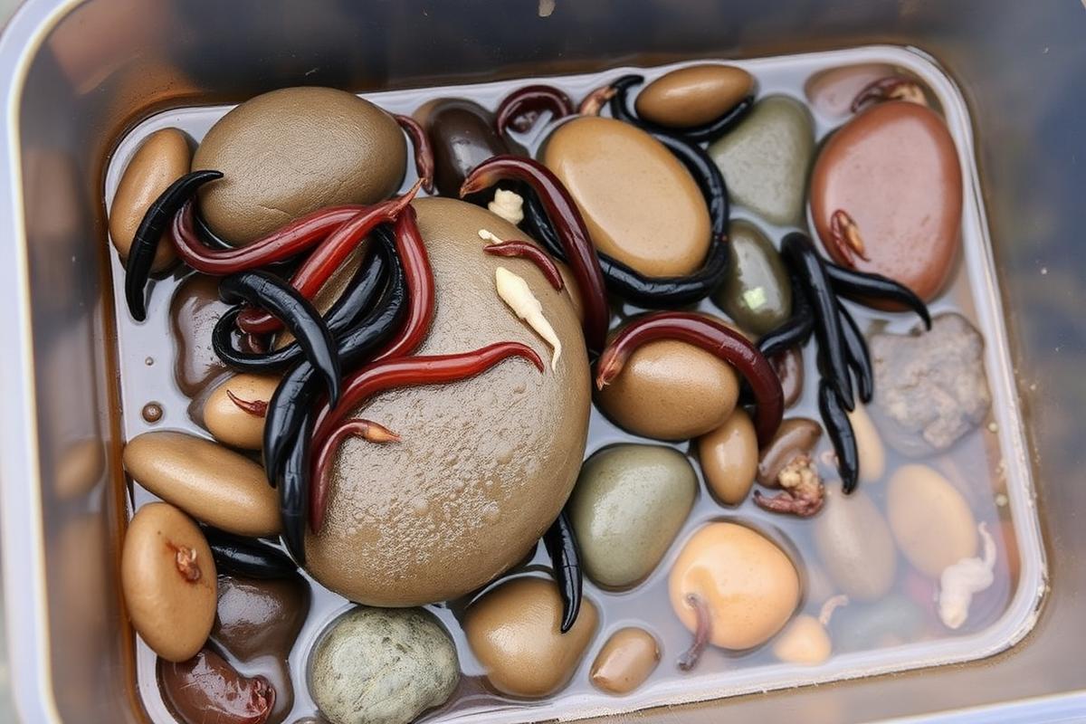 Freshwater leeches and stream invertebrates on wet stones in a sampling tray