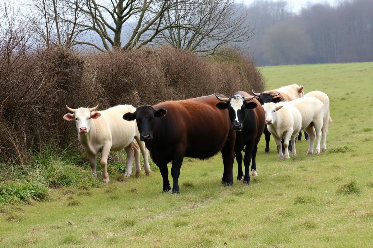 Cattle and sheep grazing a small Cornish field beside a hedge and woodland edge