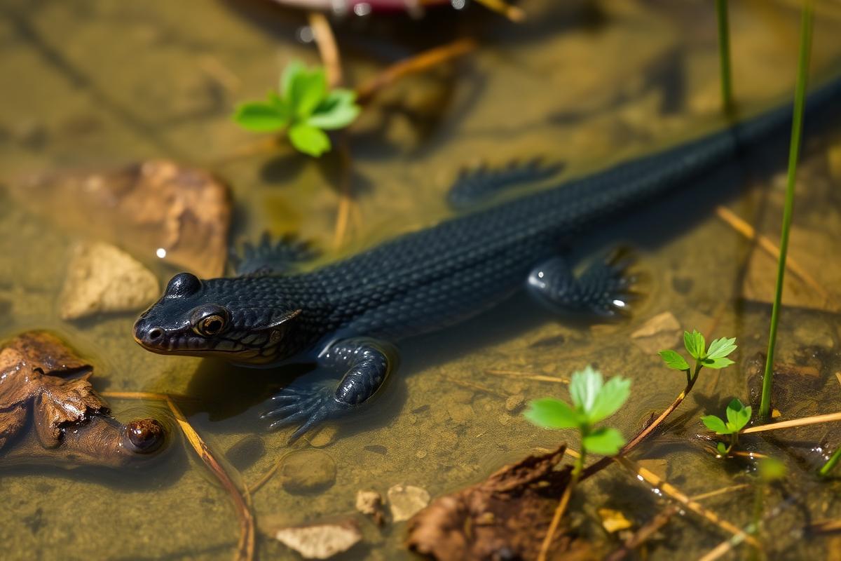A newt in shallow clear pond water among submerged plants