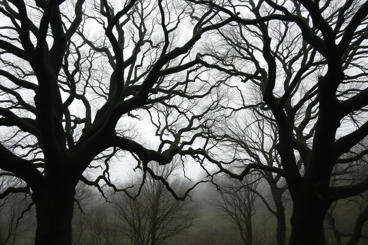 Bare mature oak canopy on a ridge in misty overcast conditions