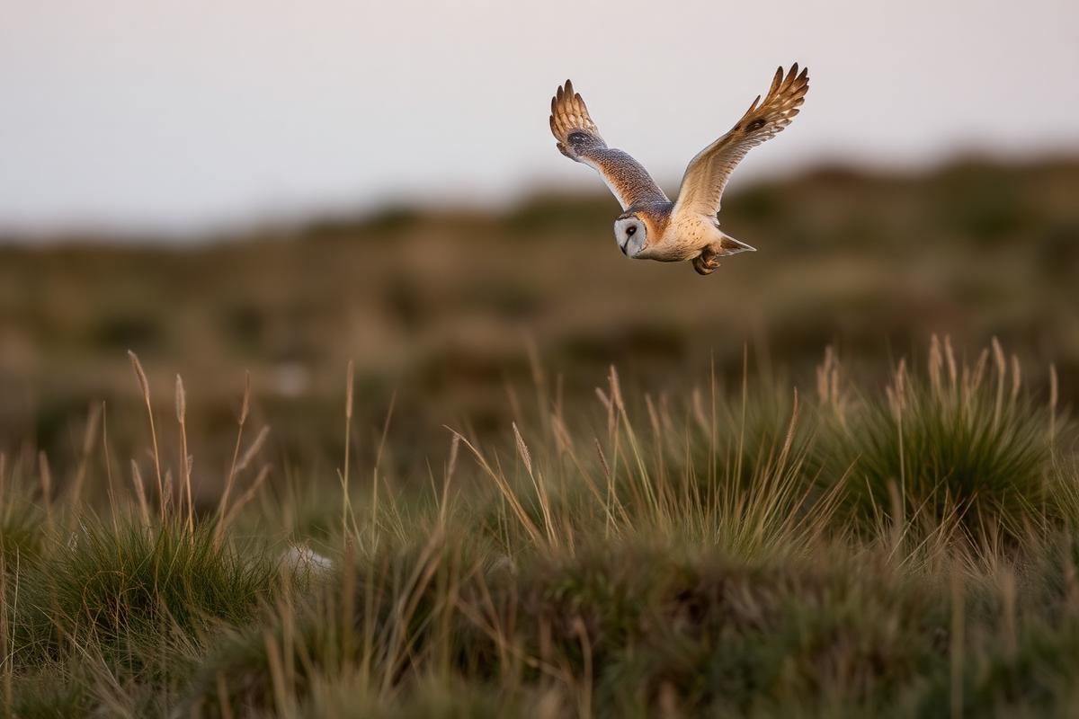 A barn owl hunting low over rough grassland at dusk