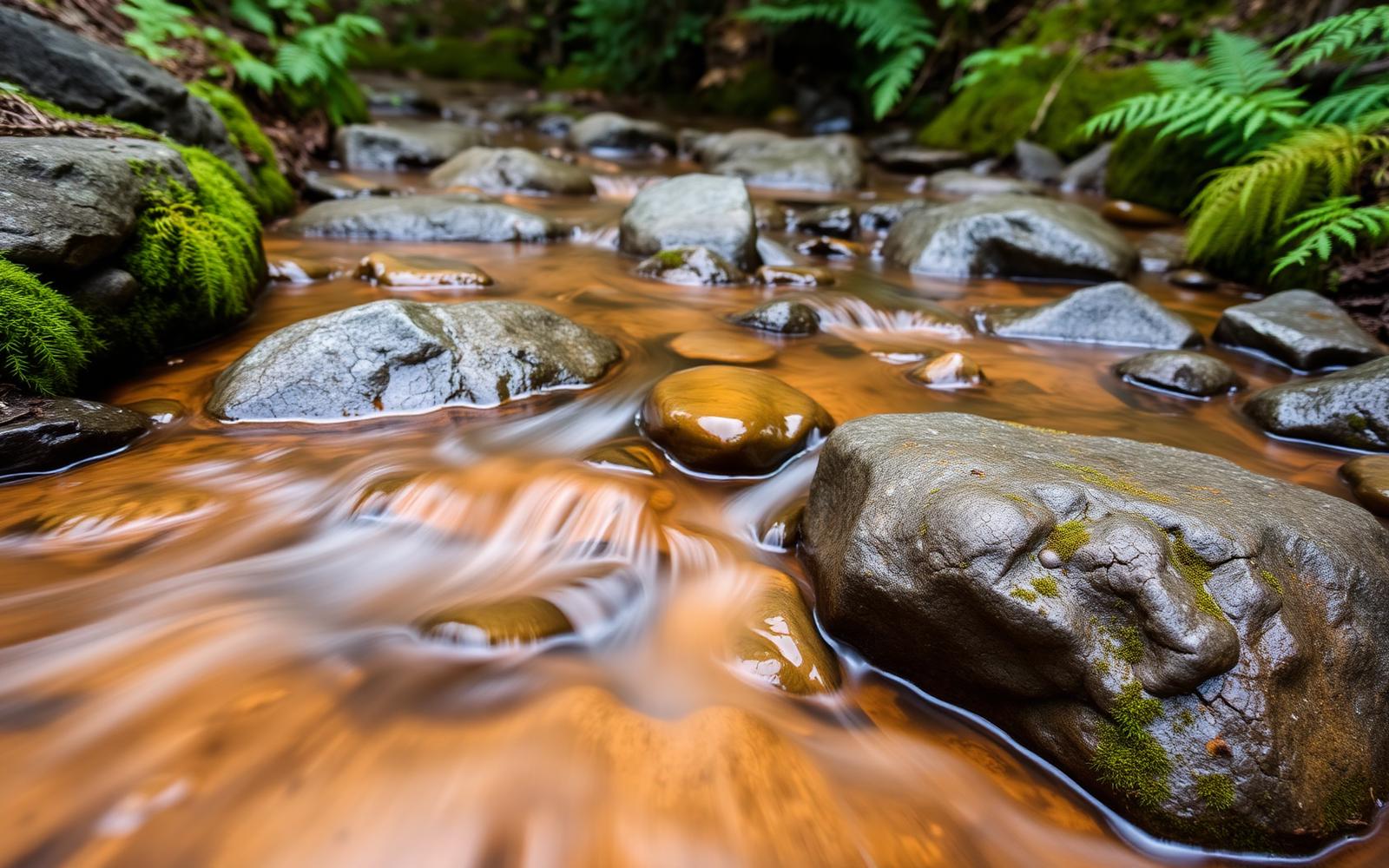 A small woodland stream running over granite stones with orange iron staining on the bed