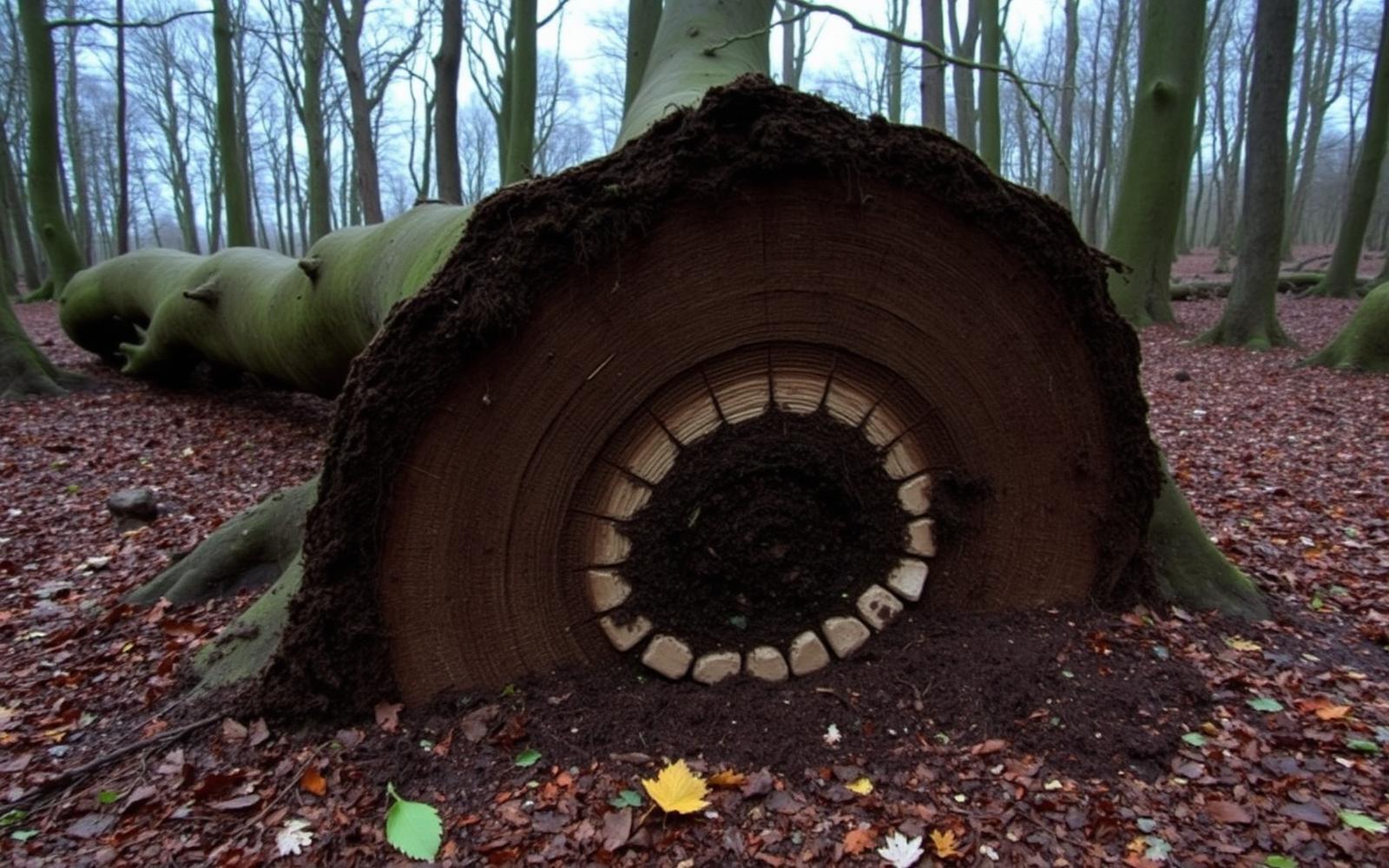 A fallen mature tree in woodland with its root plate lifted out of the ground